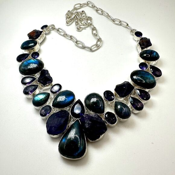 18" Labradorite, Amethyst, and Iolite in silver tone bib-style necklace! - Picture 1 of 13